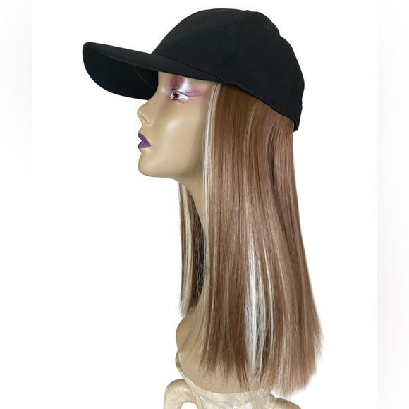 HAT WIG Black Ball Cap with 14” Mixed Blonde/Brown Wig Hair New - Picture 1 of 9